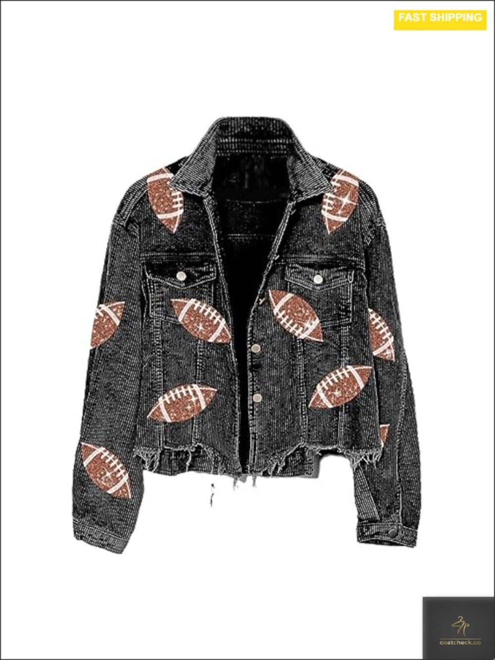 Cropped Corduroy Sequin Jacket Vintage Distressed Football Patched Shacket